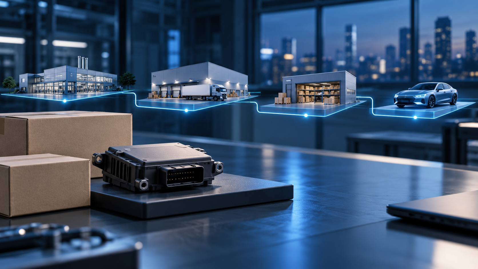 Unbranded automotive electronics module and cartons connected by a subtle illuminated flow across supplier, importer, reseller and customer stages in a deep-blue distribution workspace