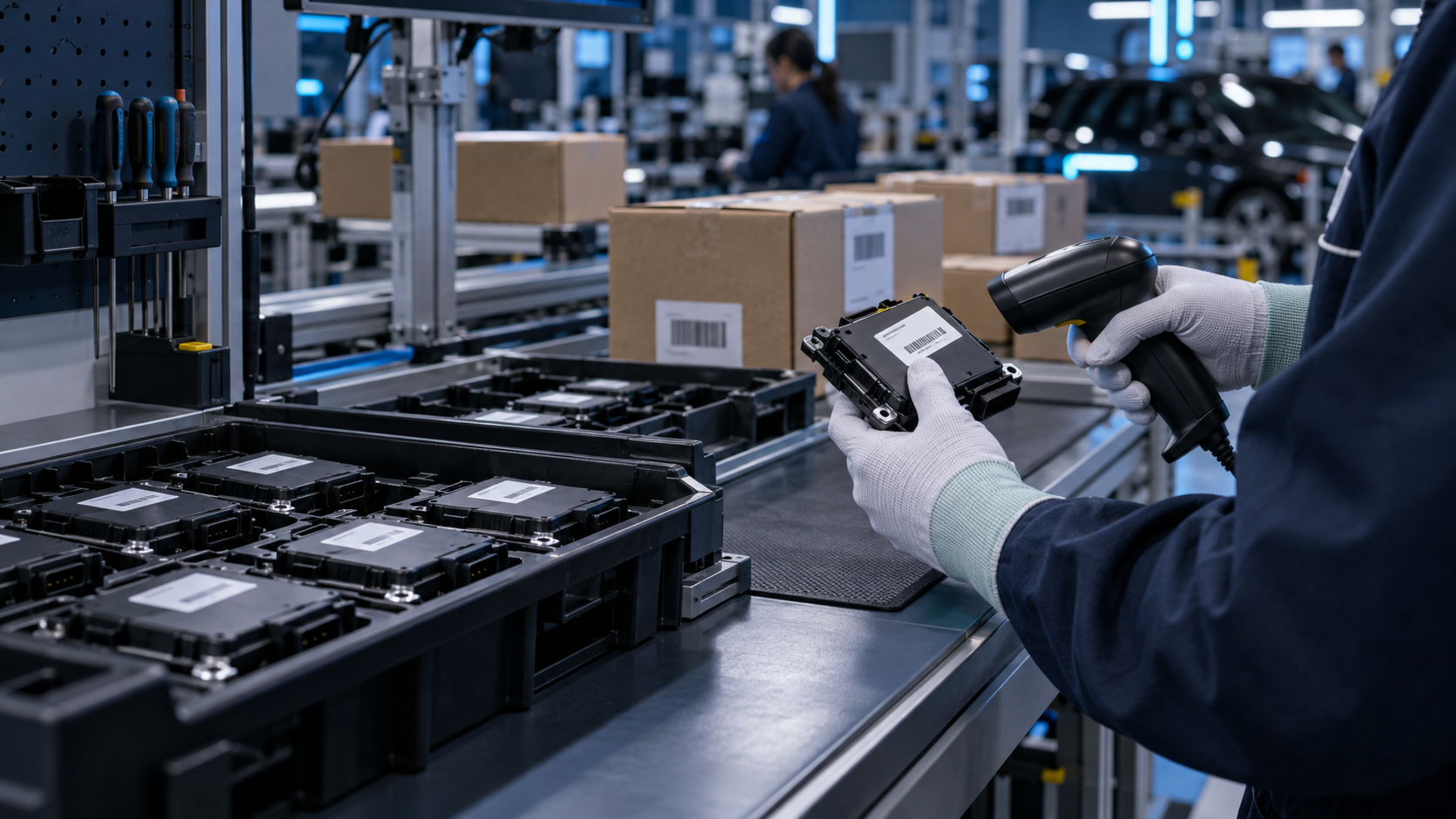 Operator scanning an unbranded automotive electronics module at a traceability station, with production trays and shipping cartons on a deep-blue factory line