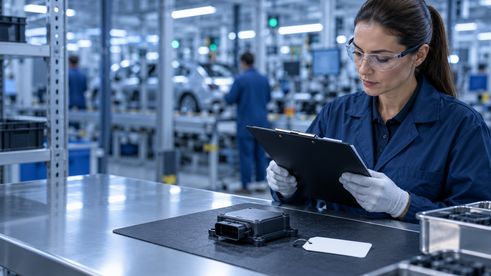 Quality engineer reviewing controlled records beside an unbranded automotive electronics module on an inspection table in a blue-lit production environment