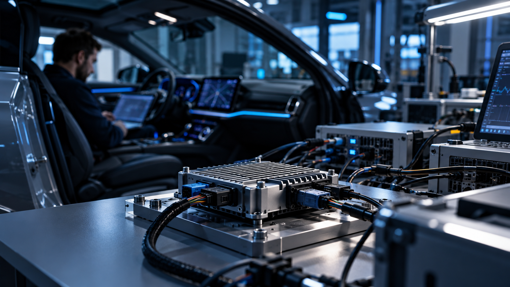 An unbranded connected-car electronics validation setup linking a controlled engineering bench to a realistic vehicle-cabin evaluation in deep blue light