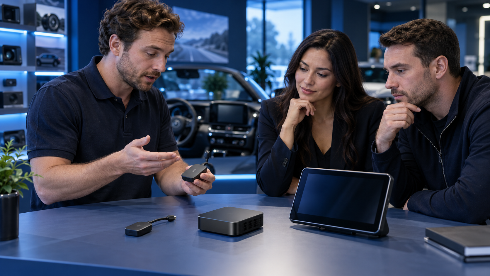 Distributor trainer and reseller staff reviewing unbranded wireless adapter, AI box and portable smart screen samples in a deep-blue automotive showroom
