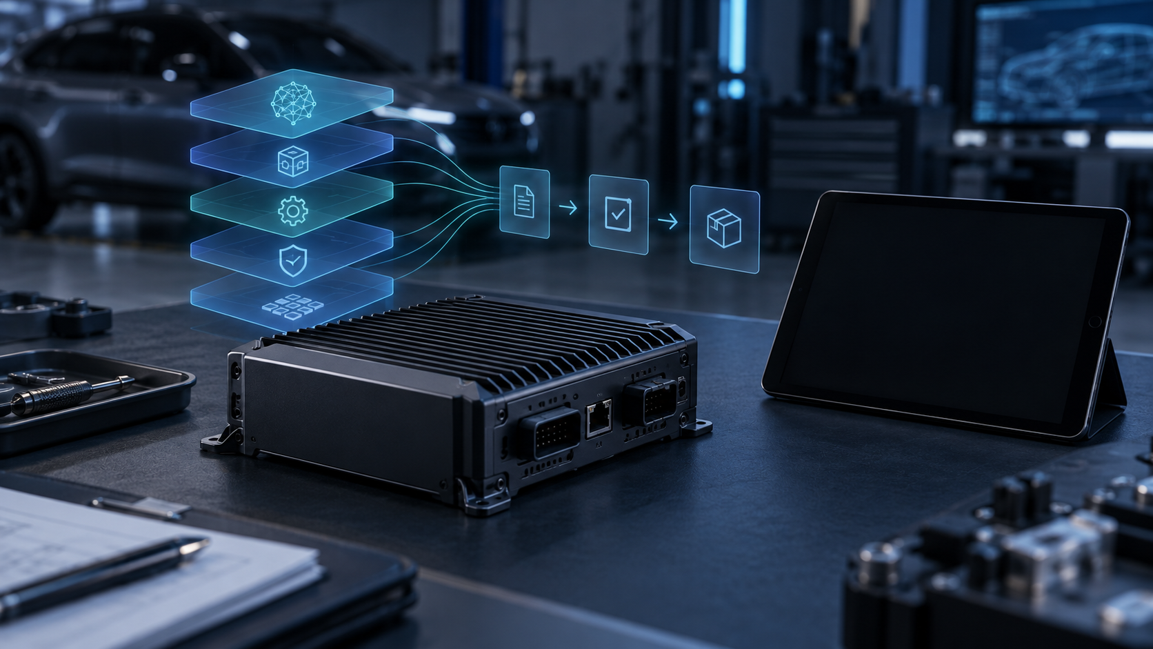 Unbranded automotive AI box on a deep-blue engineering workbench with abstract component layers representing a software bill of materials and release governance