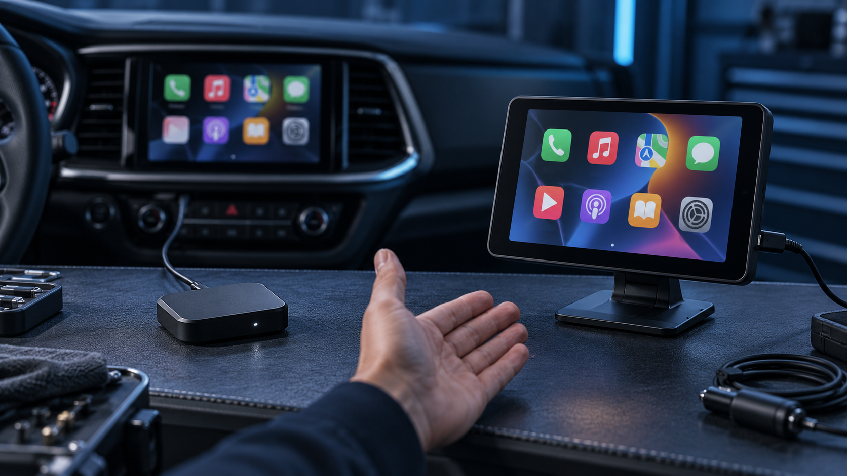Unbranded compact CarPlay AI Box beside a separate portable CarPlay touchscreen on an automotive electronics evaluation bench