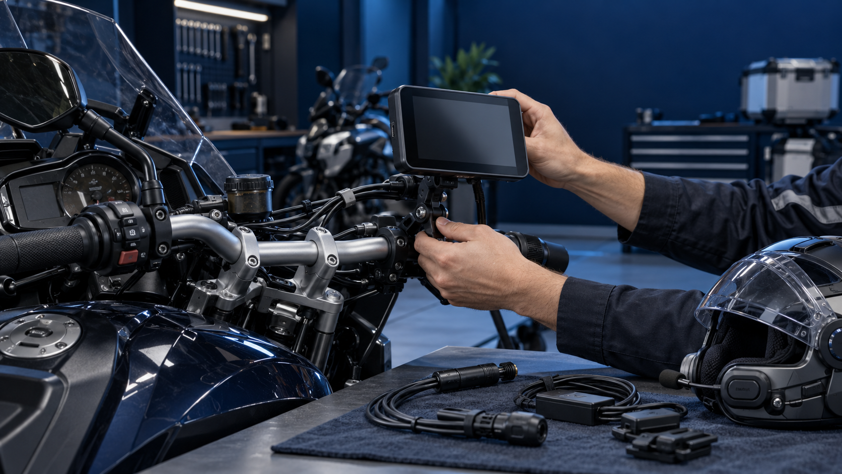 Technician checking the bracket clearance and cable routing of an unbranded motorcycle projection display on a stationary touring motorcycle in a deep-blue workshop