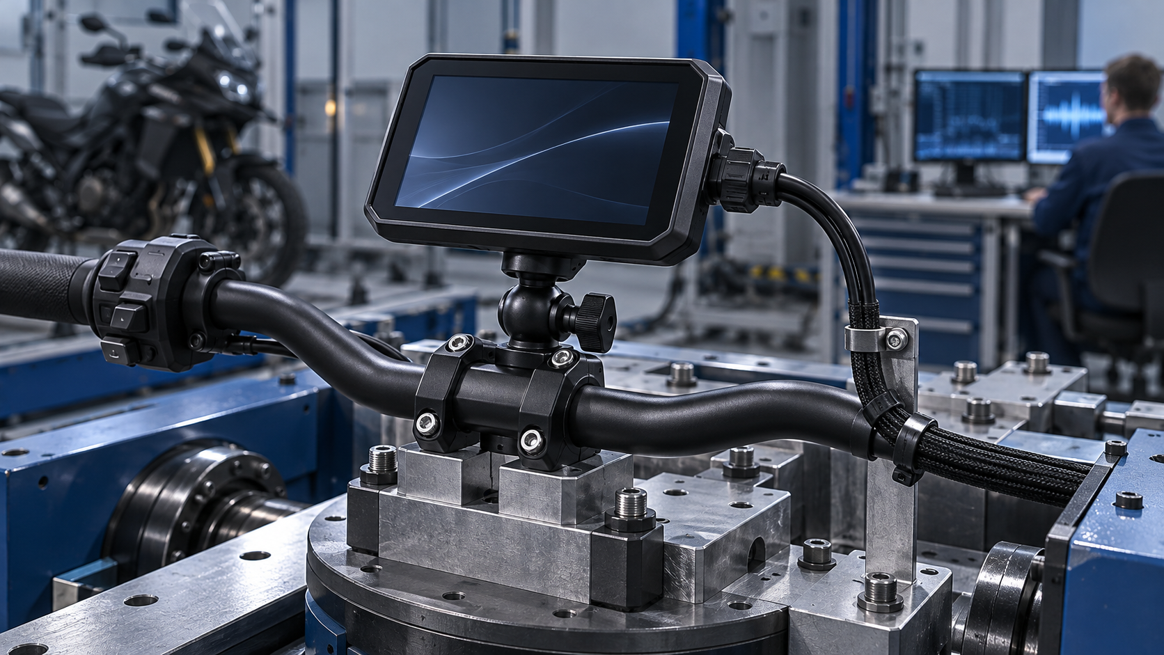 Unbranded motorcycle CarPlay display secured to a handlebar assembly on an engineering vibration fixture, with clamp, connector and restrained cable visible