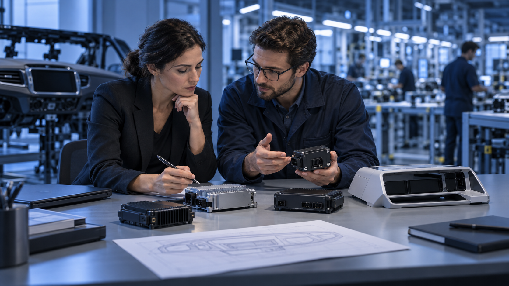 Automotive product manager and manufacturing engineer reviewing unbranded infotainment modules and a dashboard prototype in a blue-lit electronics factory