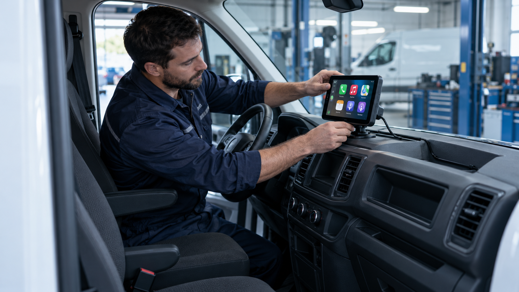 Technician fitting an unbranded portable CarPlay screen to the dashboard of a parked commercial work van in a clean service bay