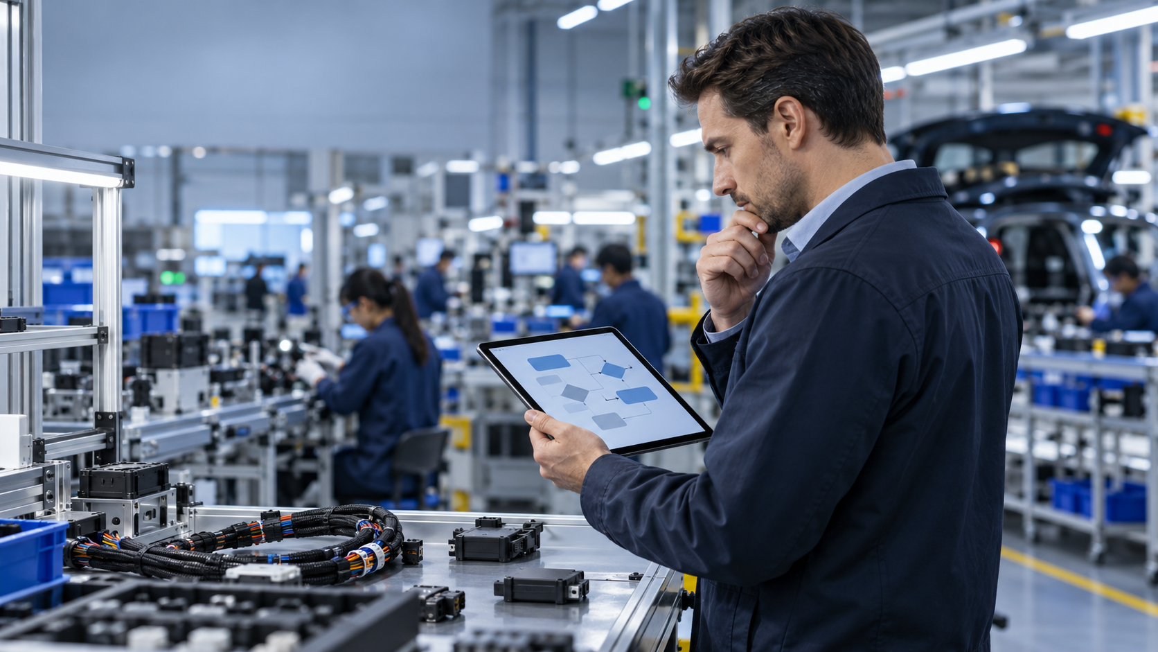 Automotive electronics buyer reviewing an abstract process flow on a tablet inside an unbranded electronics factory, with assembly and inspection work areas in the background