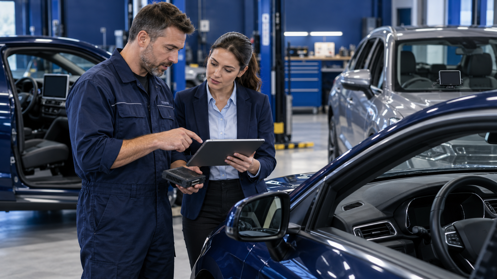 Used-car service advisor and technician reviewing an unbranded infotainment device beside two different vehicles in a deep-blue reconditioning bay