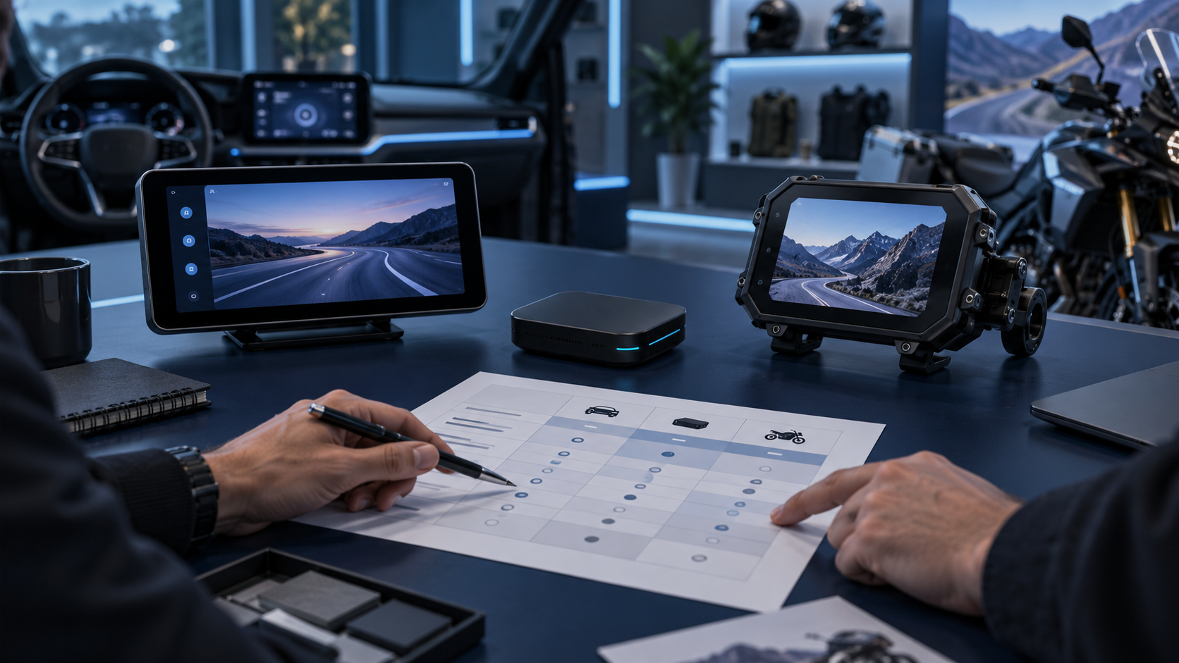 Automotive electronics distributor reviewing a product-category decision matrix beside an unbranded portable smart screen, compact AI Box and motorcycle display