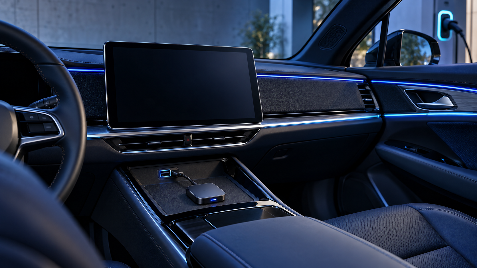 Unbranded electric vehicle cabin with a factory infotainment display, USB data port and compact wireless CarPlay adapter, with a charging point visible outside