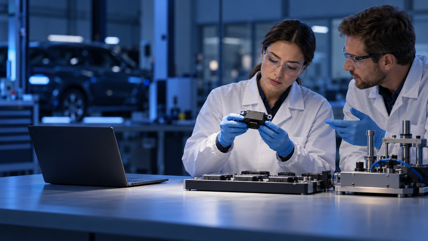 Quality engineers reviewing an unbranded automotive electronics module and sample tray beside a validation fixture in a deep-blue laboratory